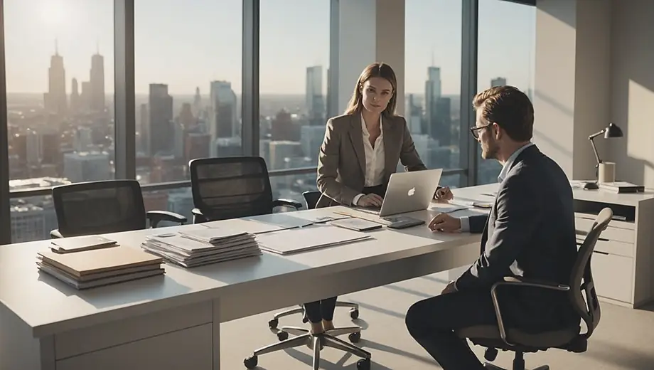 A customer discusses office furniture options with a professional on site, examining various desk and chair styles in a bright, modern workspace.