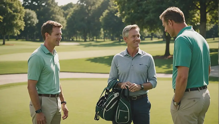 A customer and a professional discuss landscaping plans on a lush golf course, surrounded by manicured greens and vibrant trees.