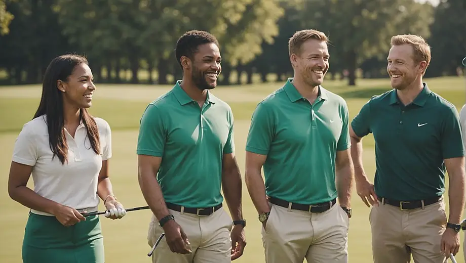 A diverse group of friends enjoying a sunny day at the golf club, laughing and playing a round of golf on the lush green course.