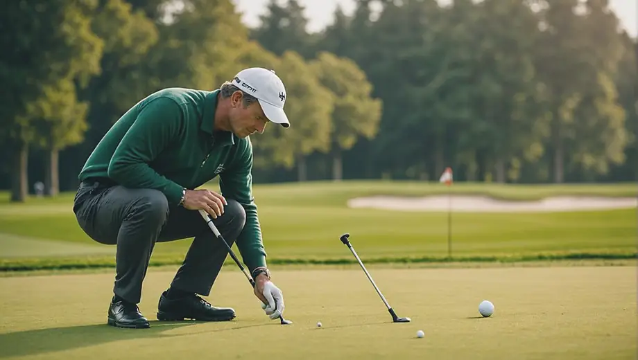 A golf course manager inspects the lush greens, ensuring optimal conditions for players while overseeing maintenance tasks in the background.