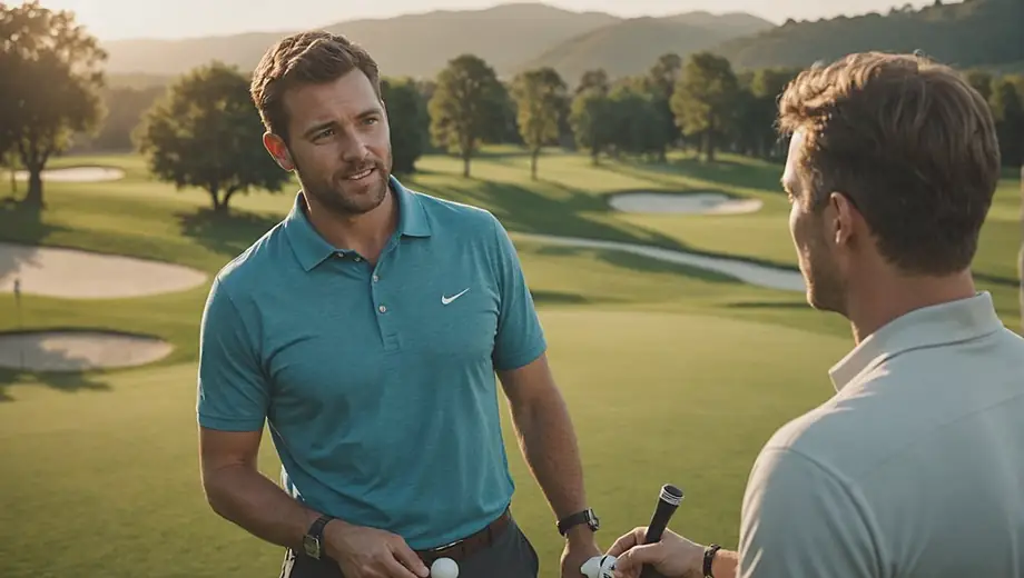 A customer discusses their golf experience with a professional at a scenic golf resort, surrounded by lush greens and rolling hills.