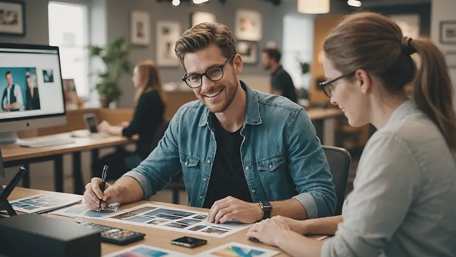 A customer discusses project ideas with a professional graphic designer at a bright, modern workspace, surrounded by design samples and digital tools.