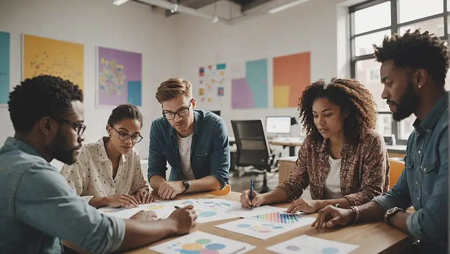 A diverse group of individuals collaborating in a bright studio, brainstorming ideas and working on a graphic design service project, surrounded by colorful sketches and digital screens.