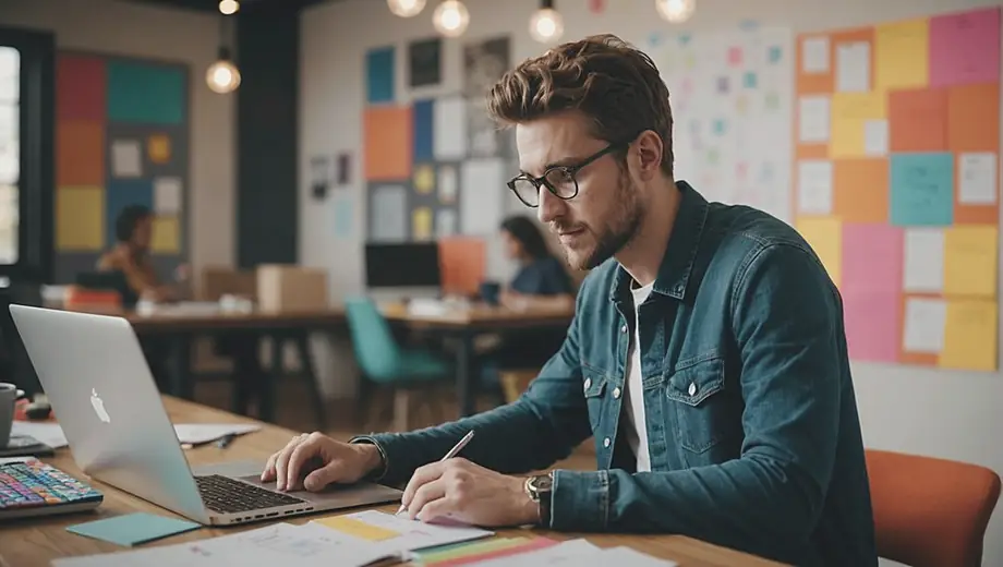 A person working at a creative agency, focused on a laptop surrounded by colorful design materials and brainstorming notes.
