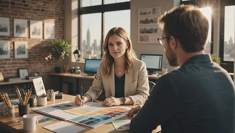 A customer discusses project details with a professional in a bright design studio, surrounded by sketches and color swatches.