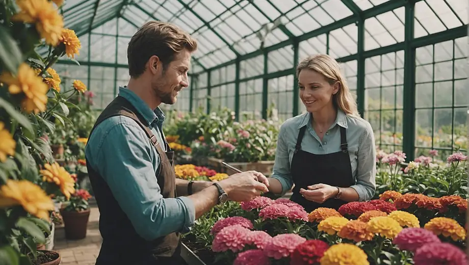 A customer and a professional discuss plant care inside a vibrant greenhouse, surrounded by lush greenery and colorful flowers.