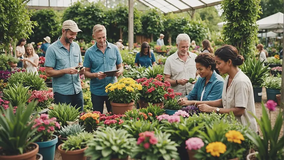 A group of diverse individuals browsing and selecting plants at a vibrant plant nursery, surrounded by lush greenery and colorful flowers.