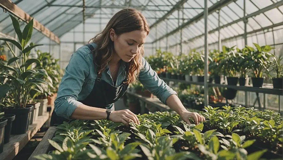 A person tending to plants inside a greenhouse business, surrounded by vibrant greenery and natural light filtering through the glass panels.