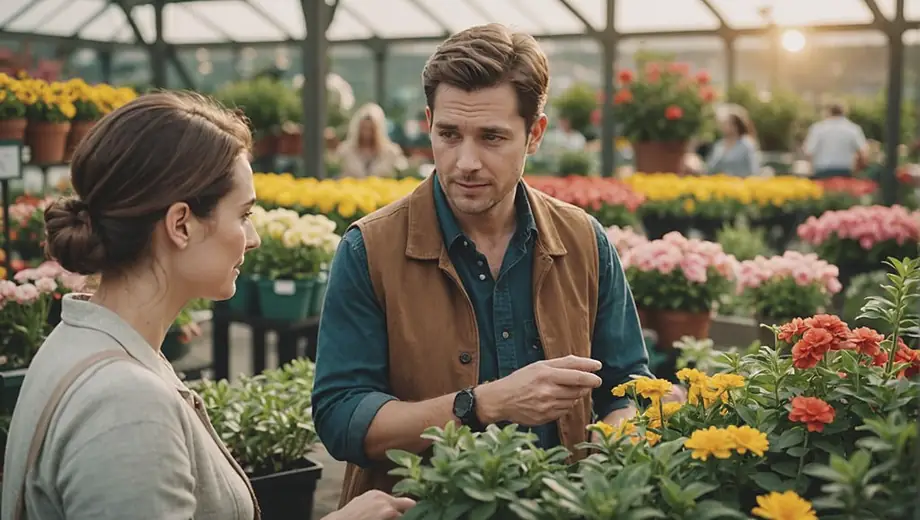 A customer consults with a professional at a garden center, discussing plant options while surrounded by vibrant flowers and greenery.
