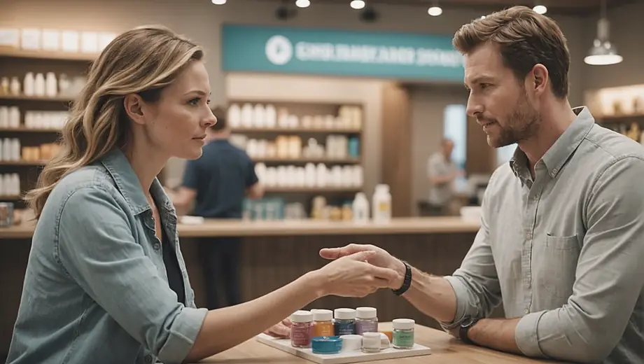 A customer and a professional engage in a discussion on site, surrounded by wellness products and resources, emphasizing the importance of health and wellness in everyday life.