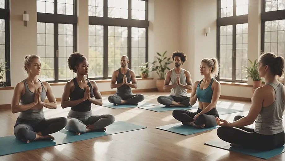 A diverse group of people participating in a yoga class at a wellness center, with natural light streaming through large windows and calming decor creating a serene atmosphere.