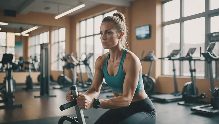 A person performing a workout routine in a bright and modern fitness studio, surrounded by exercise equipment and motivational posters.