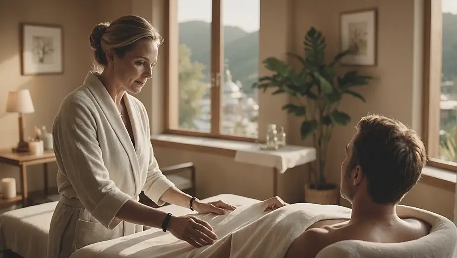 A customer consults with a professional at a health spa, surrounded by calming decor and natural light, as they discuss wellness treatments and relaxation options.