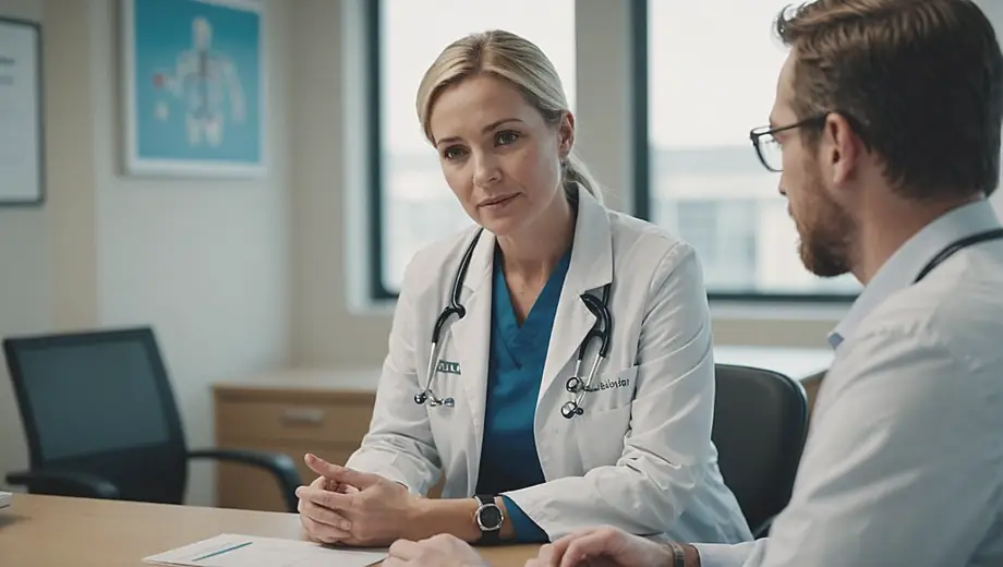 A healthcare professional discusses treatment options with a patient in a bright, modern clinic, showcasing a collaborative approach to patient care.