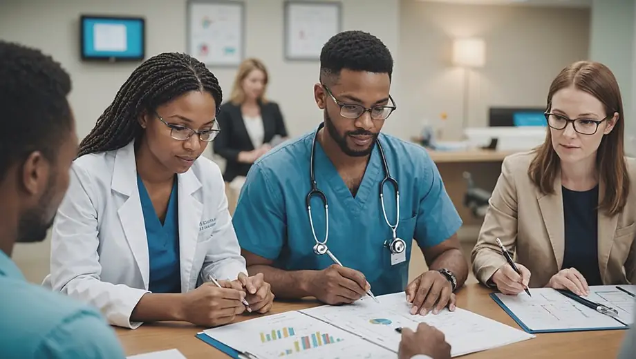 A diverse group of healthcare providers collaborates in a modern clinic, discussing patient care strategies while reviewing medical charts and using technology to enhance treatment plans.