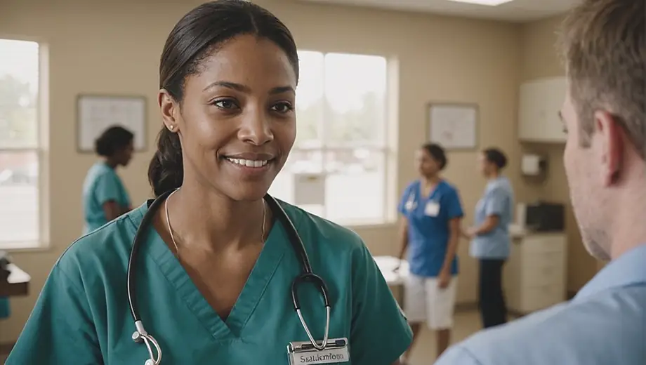 A healthcare professional in scrubs providing medical services at a community health clinic, engaging with a patient in a welcoming environment.