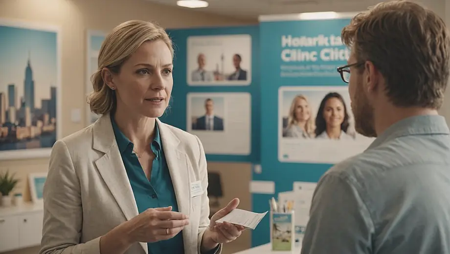 A customer discusses their health concerns with a professional at a health clinic, surrounded by medical posters and a welcoming atmosphere.