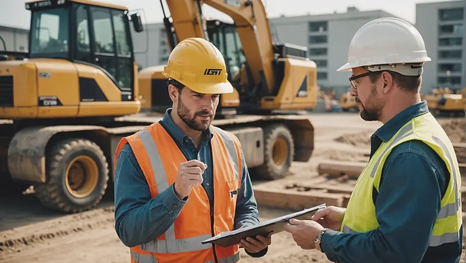 A customer and a professional discuss specifications while inspecting heavy machinery on a construction site, surrounded by large equipment and ongoing work.