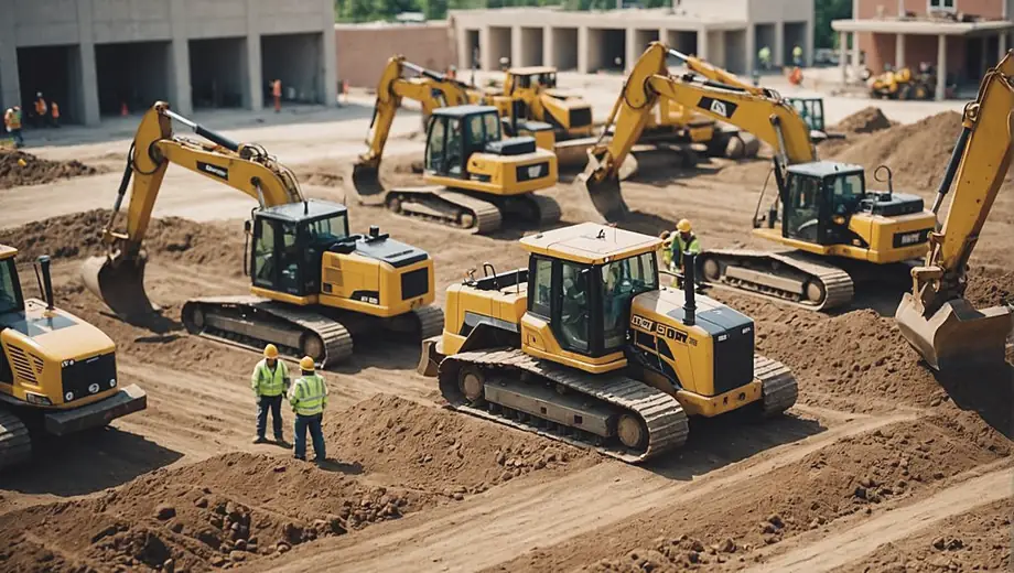 A group of workers operates heavy equipment on a construction site, including a bulldozer and an excavator, as they move earth and prepare the ground for new building foundations.