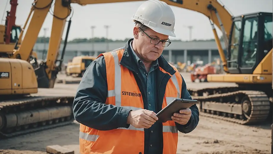 A machinery supplier representative inspects heavy equipment on a construction site, ensuring everything is in optimal condition for the ongoing project.