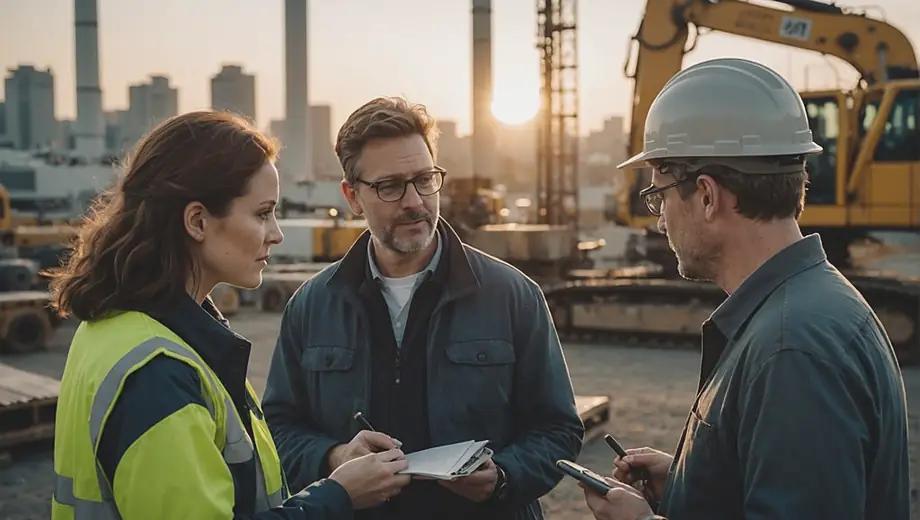 A customer and a professional discuss specifications while examining industrial machinery on-site, highlighting the equipment's features and capabilities.