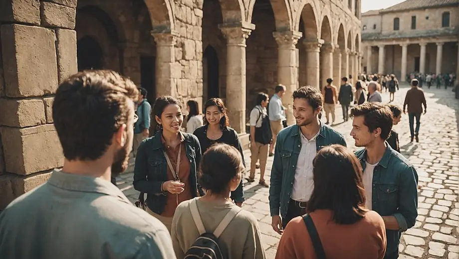A diverse group of people exploring a historic heritage site, admiring ancient architecture and discussing its cultural significance.