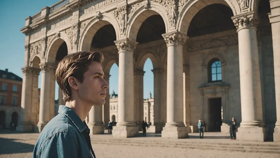 A person stands in front of a historic monument, admiring its intricate architecture and rich details under a clear blue sky.