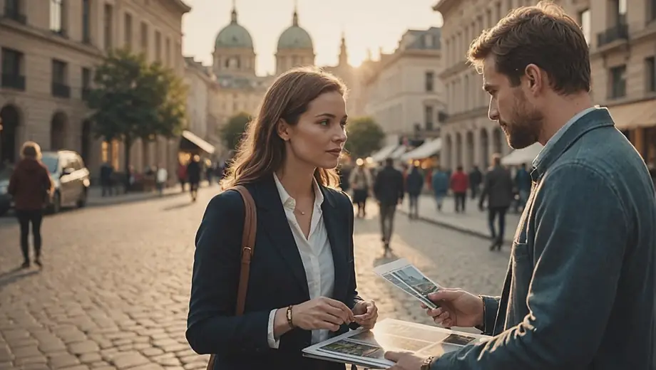 A customer and a professional discuss plans at a cultural site, surrounded by historical architecture and vibrant artwork.
