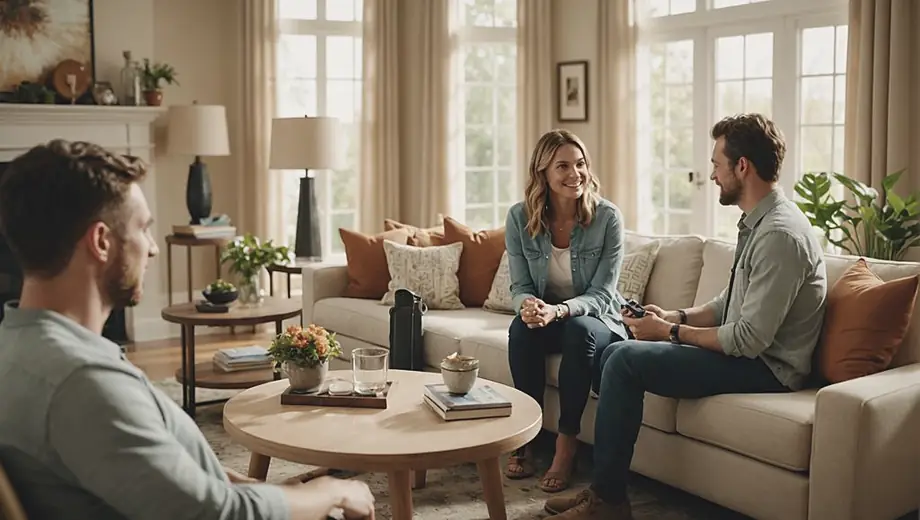 A customer and a professional discuss home decor options in a bright, stylish living room filled with decorative items and furniture.