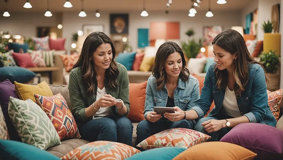 A diverse group of people browsing a vibrant home decor store, examining colorful cushions, wall art, and decorative items while discussing their favorite styles.