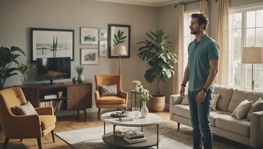 A designer stands in a beautifully arranged living room, showcasing modern interior design elements with stylish furniture and vibrant decor.