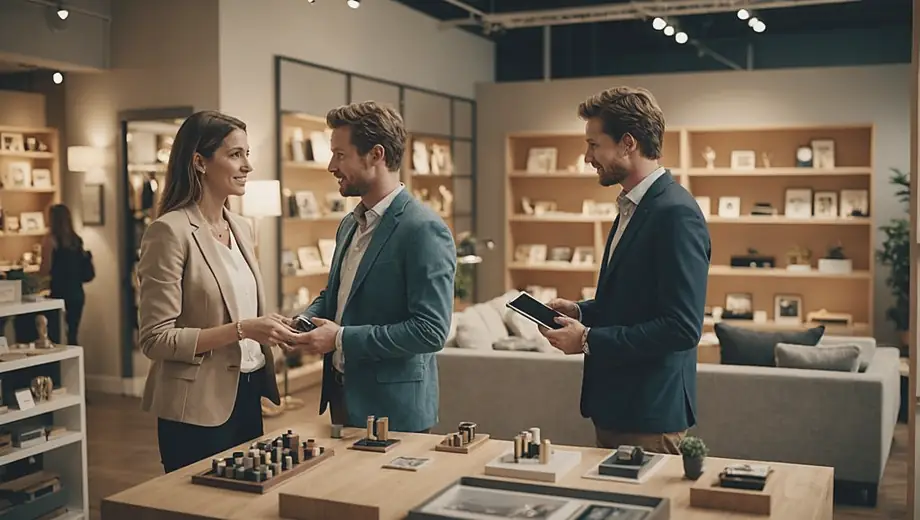 A customer discusses furniture options with a professional at a furniture retail store, surrounded by various stylish displays and samples.