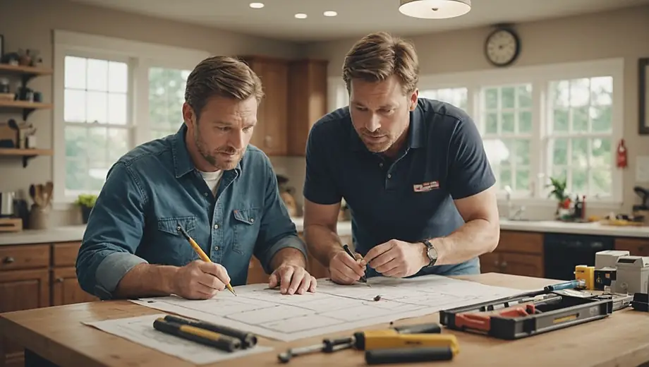 A customer discusses home improvement ideas with a professional on site, examining plans and materials while surrounded by tools and renovation supplies.