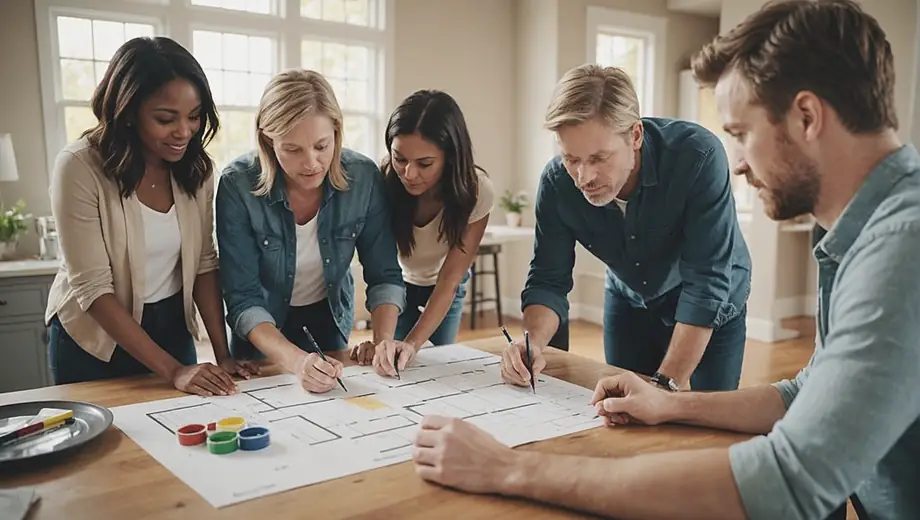 A diverse group of people collaborating on a home renovation project, discussing plans while measuring walls and selecting paint colors in a bright, open living space.