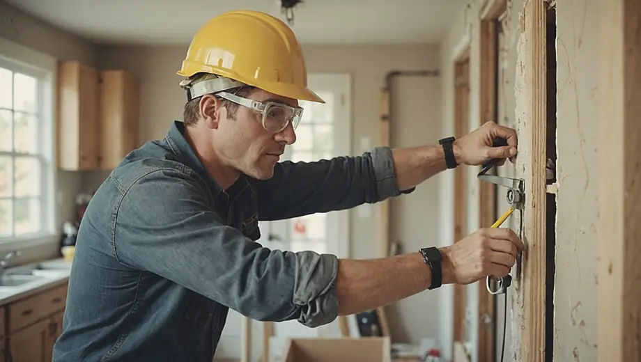A person wearing a hard hat and safety goggles is measuring a wall in a partially renovated kitchen, surrounded by tools and materials for home remodeling.