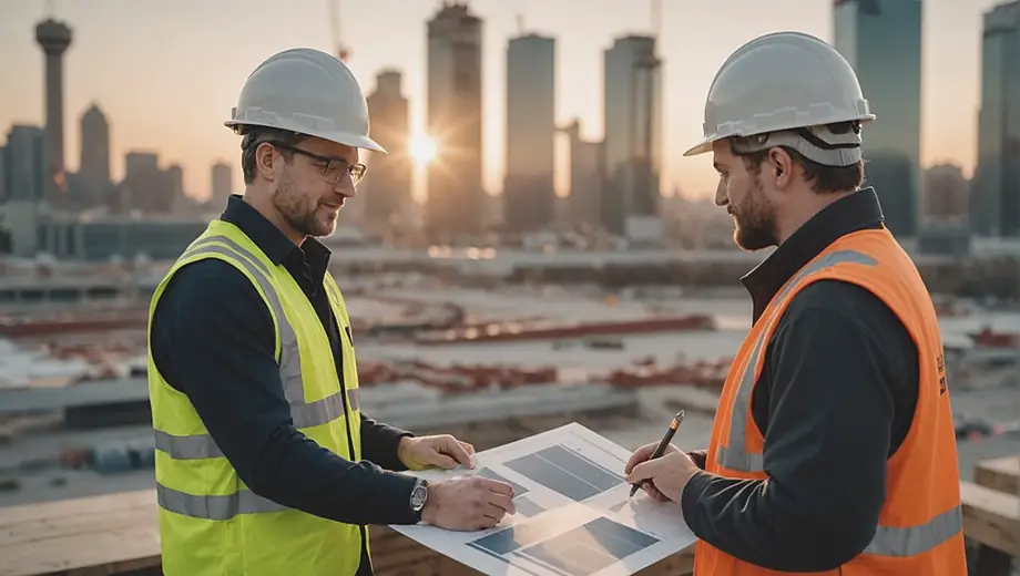 A customer discusses project details with a professional on-site, reviewing plans and inspecting construction services in progress.