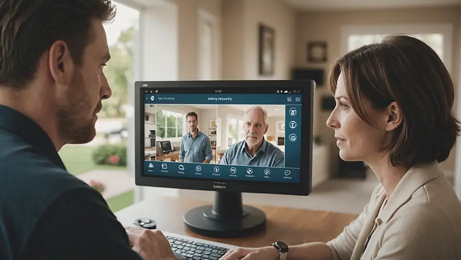 A customer discusses home security options with a professional on-site, examining a security system installation while reviewing safety features and recommendations.