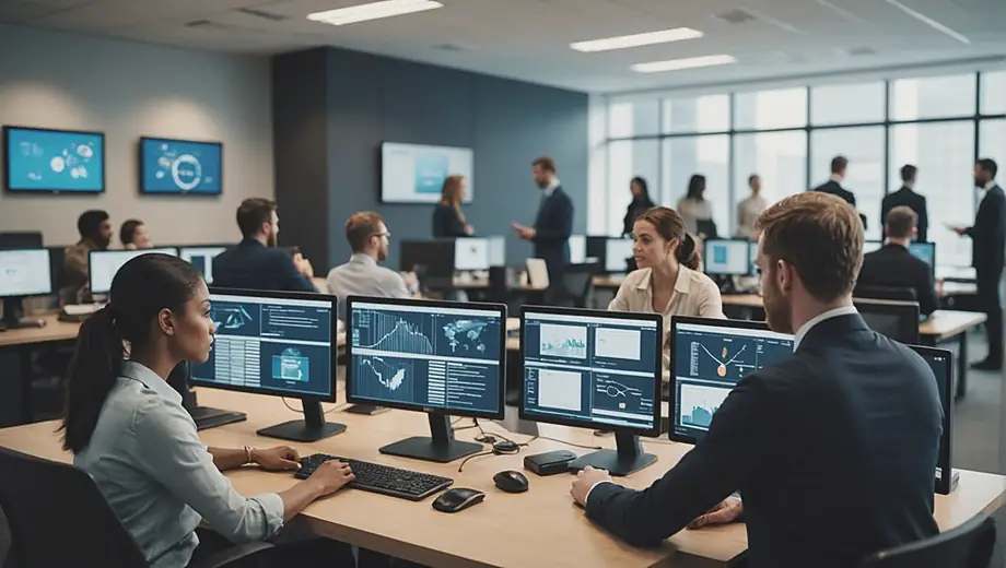 A diverse group of people monitors a high-tech security system in a modern office, analyzing data on screens and discussing safety protocols.