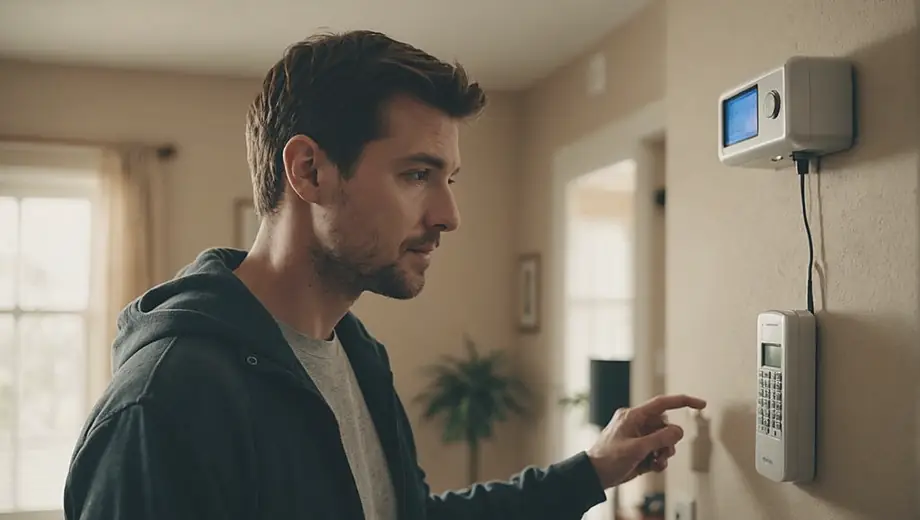 A person stands in a well-lit living room, inspecting a home alarm system mounted on the wall, ensuring its functionality and safety.