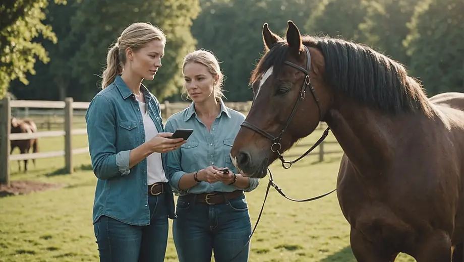 A customer discusses horse care with a professional at a horse farm, surrounded by lush pastures and well-groomed horses.