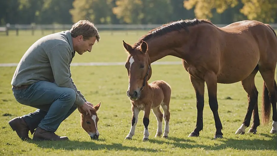 A horse breeder carefully examines a young foal in a sunny pasture, while another breeder discusses breeding techniques with a colleague nearby.
