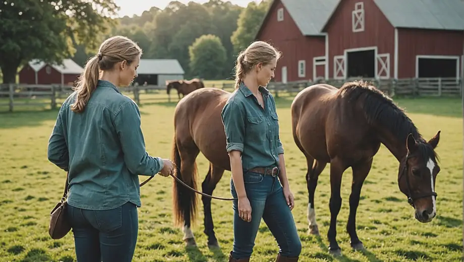 A person tending to horses at a horse farm, surrounded by lush green pastures and a rustic barn in the background.