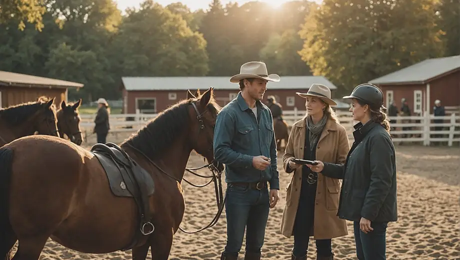 A customer and a professional discuss horse care at a riding stable, surrounded by horses and riding equipment.