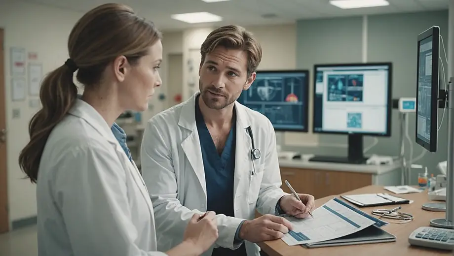 A customer and a professional discuss plans in a hospital setting, surrounded by medical equipment and charts.