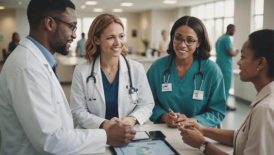 A diverse group of patients and healthcare professionals interacting in a modern medical center, showcasing a welcoming atmosphere and advanced medical technology.