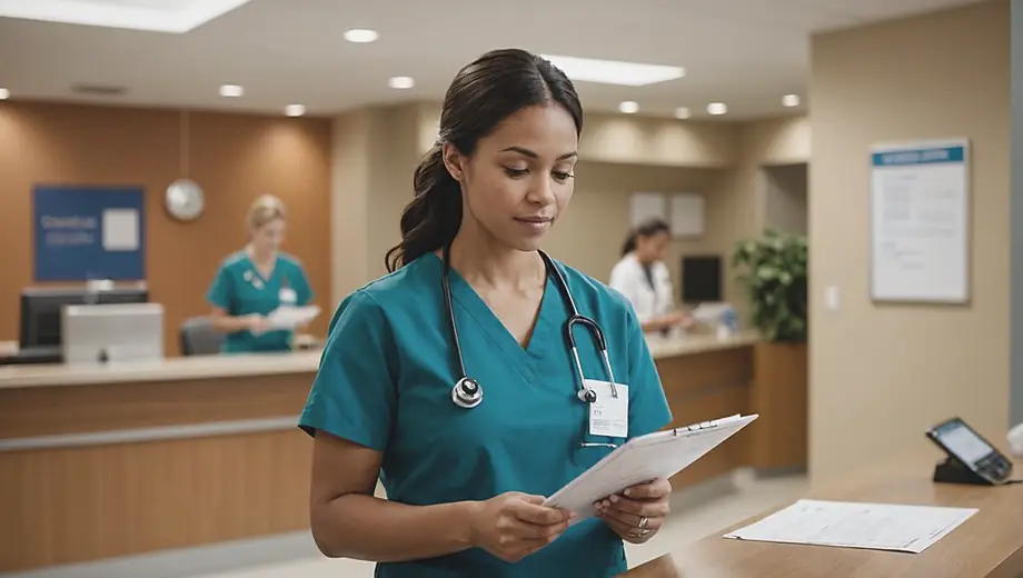 A healthcare worker in scrubs stands in a modern health facility, reviewing patient charts at a reception desk.