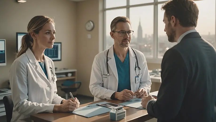 A customer discusses their needs with a professional at a hospital, surrounded by medical equipment and a welcoming environment.