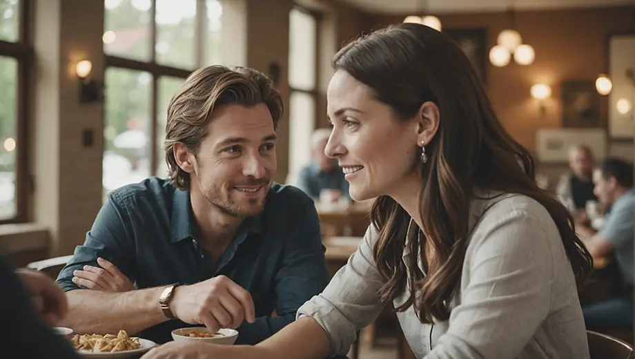 A customer and a professional engage in a friendly conversation at a hospitality venue, showcasing attentive service and a welcoming atmosphere.