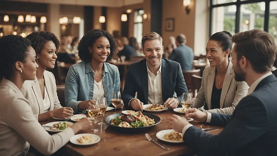 A group of diverse individuals engaging in a lively discussion while enjoying a meal at a restaurant, showcasing exceptional hospitality services.