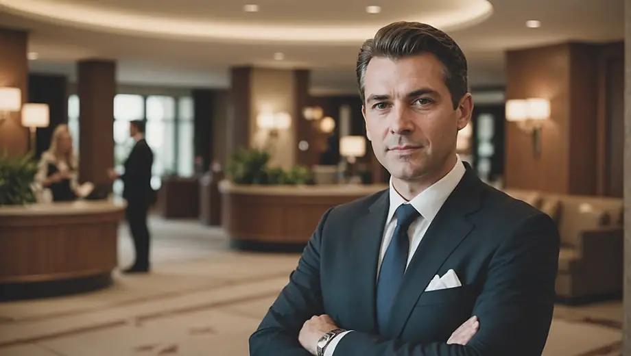 A hotel manager stands confidently in the lobby, overseeing operations and engaging with guests, showcasing effective hotel management skills.